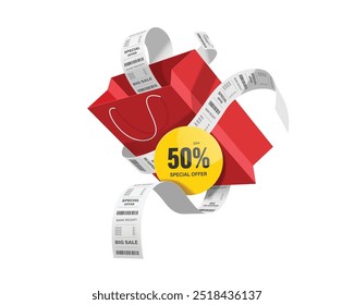 Red paper shopping bags, receipt paper and yellow circular promotional sign with message special offer 50% off floating in the air on a white background, vector 3d isolated for advertising design