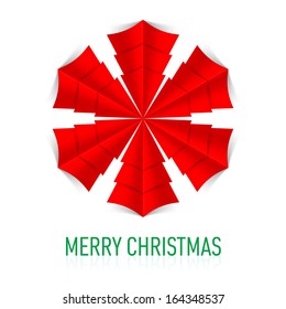 Red paper snowflake on white background. Christmas card.