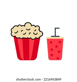 Red Paper Soda Cup And Popcorn Bucket, Vector Illustration.