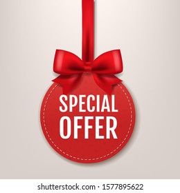 Red Paper Special Offer Label With Silk Ribbon With Gradient Mesh, Vector Illustration