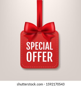 Red Paper Special Offer Label With Red Silk Ribbon With Gradient Mesh, Vector Illustration