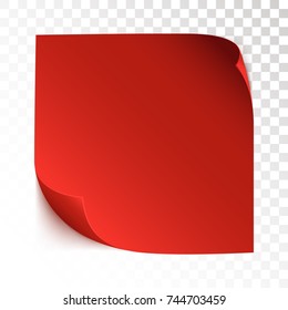 Red paper sticker isolated on transparent background. Blank piece of note paper. Vector eps 10.