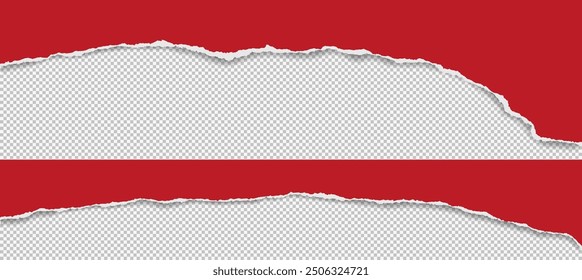 Rote Papierstreifen mit abgerissenen Rändern und weichem Schatten befinden sich auf quadratischem Hintergrund für Text oder Werbung.