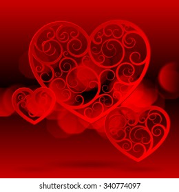 Red paper suspended patterned hearts of different shapes against the red background with lights. Valentine greeting card. Vector illustration
