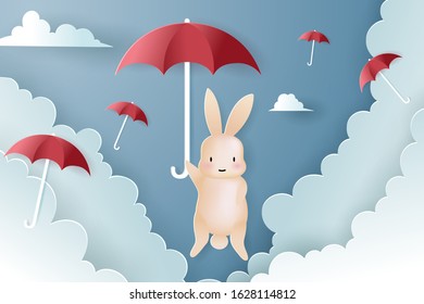 Red paper umbrella floating with bunny on in the air blue sky background for Valentine's day, Birthday, Anniversary and celebration concept. eps 10 vector.