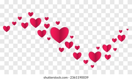 Red paper vector hearts in an envelope, valentine for valentines day. Card, postcard, invitation, template, design element on transparent background