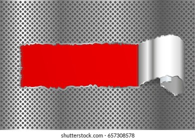 Red paper window on metal perforated background. Vector 3d illustration