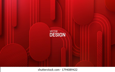 Red Papercut Background. Vector 3d Illustration. Abstract Geometric Layered Background. Paper Shapes Textured With Patterns. Minimalist Cover Design