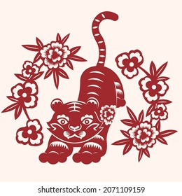 Red papercut Chinese zodiac sign year of tiger Vector
