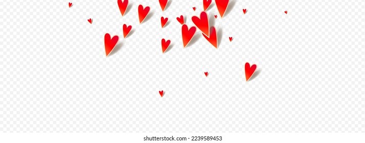 Red Papercut Vector Panoramic Transparent Backgound. Fly Hearts Border. Pink Valentine Confetti Postcard.
