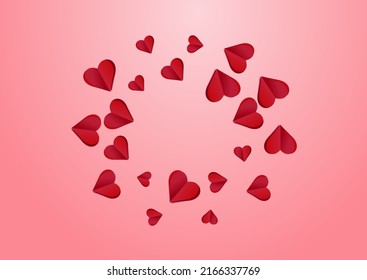 Red Papercut Vector Pink  Backgound. Wedding Confetti Card. Maroon Color Visual Heart Illustration.
