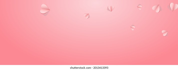 Red Papercut Vector Pink Panoramic Backgound. Paper Confetti Border. Pink Decoration Hearts Banner.