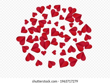 Red Papercut Vector Transparent Backgound. Romance Heart Template. Pink Birthday Confetti Design.
