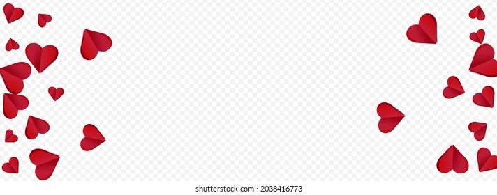 Red Papercut Vector Transparent Panoramic Backgound. Cut Confetti Concept. Burgundy Falling Heart Texture.