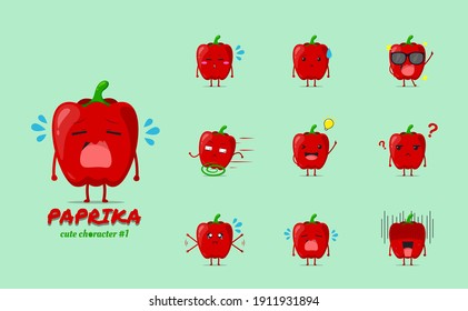 Red paprika character set 1 isolated on a green background. Red paprika character emoticon illustration