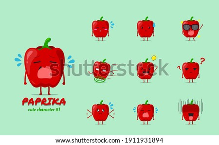 Red paprika character set 1 isolated on a green background. Red paprika character emoticon illustration
