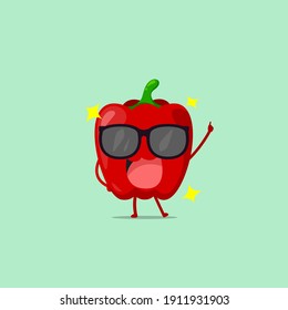 Red paprika character using sunglasses isolated on a green background. Red paprika character emoticon illustration