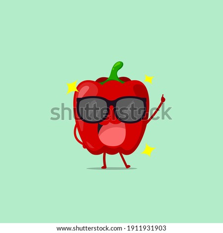 Red paprika character using sunglasses isolated on a green background. Red paprika character emoticon illustration