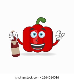 Red paprika mascot character holding a bottle. vector illustration