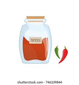 Red paprika powder stored in clear glass jar isolated on white background. Piquant condiment, tasty food spice, spicy cooking ingredient in transparent kitchen container. Colorful vector illustration.