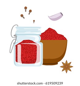 Red paprika powder in wooden bowl and glass jar. Colorful cartoon illustration