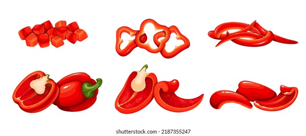 Red paprika set vector illustration. Cartoon isolated whole organic vegetable, bell pepper cut in half, slices and rings, vertical sections and chopped paprika pieces for cooking vegetarian food