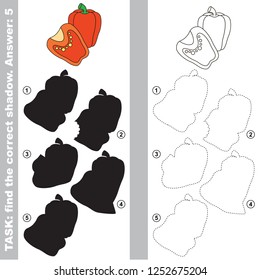 Red Paprika and Slice set to find the correct shadow, the matching educational kid game to compare and connect objects and their true shadows, simple gaming level for preschool kids.
