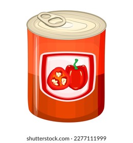 Red paprika tin can. Canned puree, paste, stewed or chopped bulgarian bell pepper package. Ketchup, sauce and dressing in metallic can with label. Preserve food with sweet hungarian capsicum. Vector