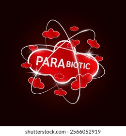 Red parabiotic bacteria in silver atom molecule shine. Modern packaging badge logo on dark background. Good bacterial flora for stomach and intestine. For design product label. Vector EPS10.