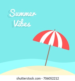 Red parasol on the beach. Summer time background illustration