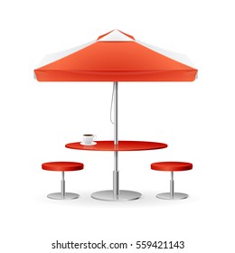 Red Parasol Promo Summer Caffee with Table and Chairs for City Streets and the Beach. Vector illustration