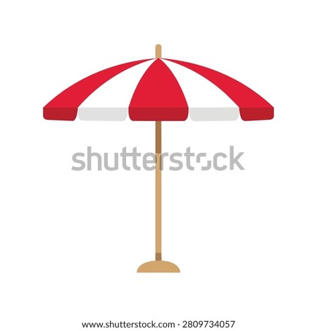 A red parasol or umbrella fully opened up, designed to provide cooling shade from the sun, a classic symbol for summer beach vacations.