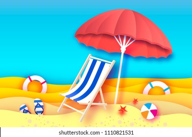 Red parasol - umbrella in paper cut style. Blue Chaise lounge. Origami sea and beach. Sport ball game. Flipflops shoes. Lifesaver. Starfish. Vacation and travel concept.