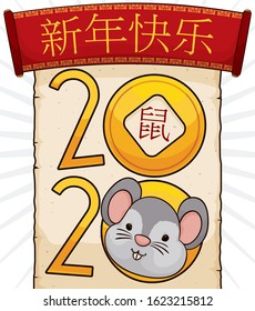 Red parchment and scroll with golden sign announcing the 2020 Chinese New Year of Rat (written in Chinese calligraphy) with traditional coin and cute mouse face.