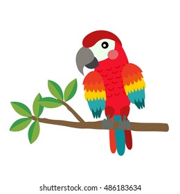 Red Parrot bird perching on the branch animal cartoon character isolated on white background.