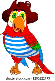 A red parrot cartoon wearing a pirates hat and eye patch and pointing with his or her wing, vector