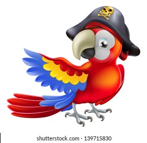 A red parrot cartoon wearing a pirates hat and eye patch and pointing with his or her wing