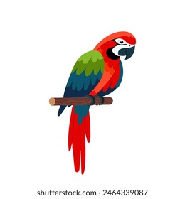 Loro rojo en estilo plano. Pájaro tropical colorido en un fondo blanco.