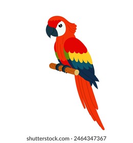 Red parrot in flat style. Colorful tropical bird on a white background. A tropical parakeet sits on a perch.