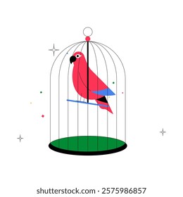 Red Parrot Inside Birdcage In Flat Vector Illustration Symbolizing Pet Ownership, Protection, And Domestic Living, Isolated On White Background.