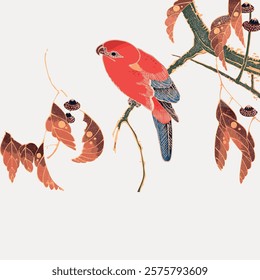 Red parrot Ito Jakuchu's vintage illustration, isolated on white, vector. Vintage famous Japanese bird artwork, old art illustration vector.