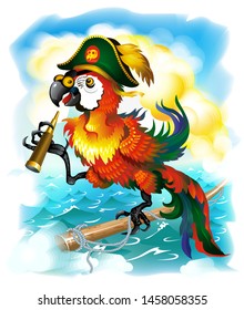 Red parrot macaw in a cocked hat on the background of the ocean holding a telescope. Sea pirates. Vector illustration.