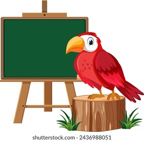 Red parrot perched beside an empty chalkboard