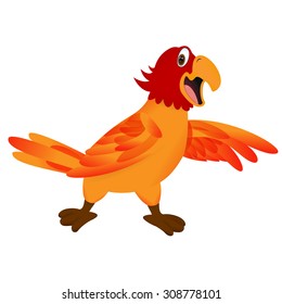 A red parrot pointing or showing something with his wing