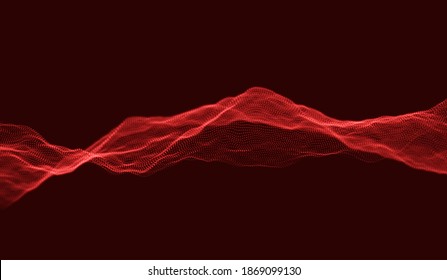 Red particle wave background. Abstract dynamic mesh. Big data technology. Vector grid illustration.