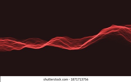 Red particle wave background. Abstract dynamic mesh. Big data technology. Vector grid illustration.
