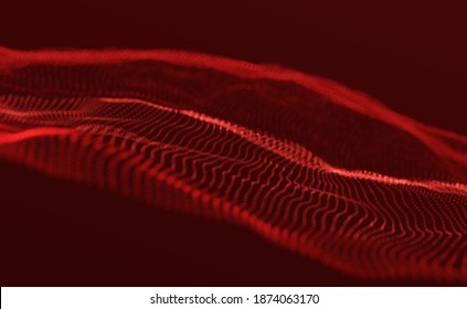 Red particle wave background. Abstract dynamic mesh. Big data technology. Vector grid illustration.