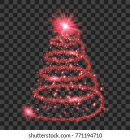 Red particle wave in form of christmas tree with bright shining and glowing particles isolated on transparent background. Glitter bright trail, glowing wave vector illustration