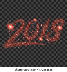 Red particles wave in form of 2018 digits with bright shining and glowind particles isolated on transparent background. Glitter bright trail, glowing wave vector illustration