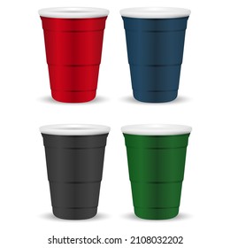 Red Party Cup. Disposable Plastic Drink Cup, College Fun Time Ping Pong Game Mug Illustration Mockup. Vector Cup For Picnic Celebration, Green, Black, Blue Cups